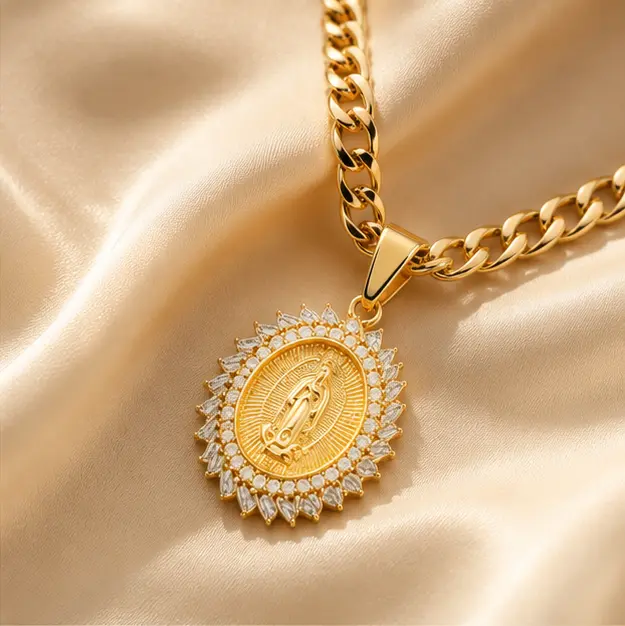 14K Gold-Plated Our Lady of Guadalupe Necklace Set with 3 Different Matching Necklaces for Women's Costume Jewelry