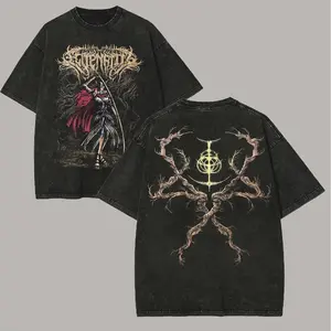 Men's Oversized Short-Sleeve Round Neck Casual T-Shirt - Menswear Top, Vintage Washed Elden Ring Malenia Blade of Miquella Graphic Print, Distressed Metalcore Style, Retro FromSoftware Gaming Streetwear, Limited Stock Fan Gift, Tshirt, Casual T-Shirts