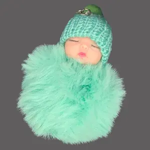 Adorable Sleeping Baby Faux Fur Pom Pom Keychain - Soft Pink, Hot Pink, White, Teal, and Purple Options