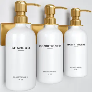 Luxury Shampoo and Conditioner Dispenser Set Wall Mounted by Brighter Barns - Refillable Shampoo and Conditioner Bottles - Shower Dispenser 3 Chamber No Drill - White and Gold Bathroom Decor