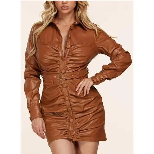 Camel PU leather mini Belt with Collar dress Casual Womenswear Button Medium - TikTok Shop Camel PU leather mini Belt with Collar dress Casual Womenswear Button Medium - TikTok Shop
