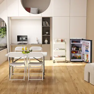 Studio Apartment Essentials Bundle: 4x 330lb Folding Chairs + 6FT Heavy Duty Folding Table + Mobile Storage Cart + 3.2Cu Energy-Efficient Mini Fridge