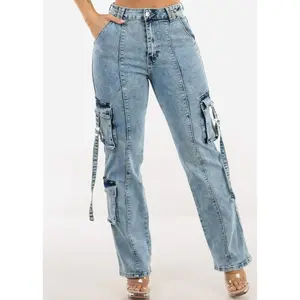 Super High Waisted Stretch Wide Leg Cargo Jeans Acid Wash