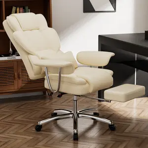 Desk Office Chair 500LBS, Big and Tall Office Chair, PU Leather Computer Chair, Executive Office Chair with Leg Rest and Lumbar Support, Beige Office Chair