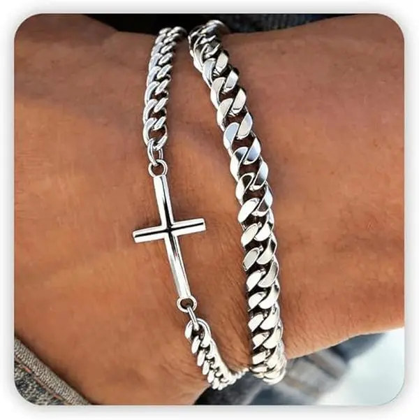 Mens Cross Bracelet Set – Stainless Steel Cuban Link Bracelets for Men, Silver Layered Faith Jewelry, Chunky Non-Fading Chain Wristbands, Trendy Christian Accessories Gift for Dad, Boyfriend & Him