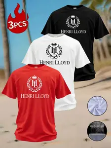 3-Pack Henri Lloyd Hl Letter Print T-Shirts, Men's Summer Breathable Round Neck Short Sleeve, Slim-Fit Casual Long Top
