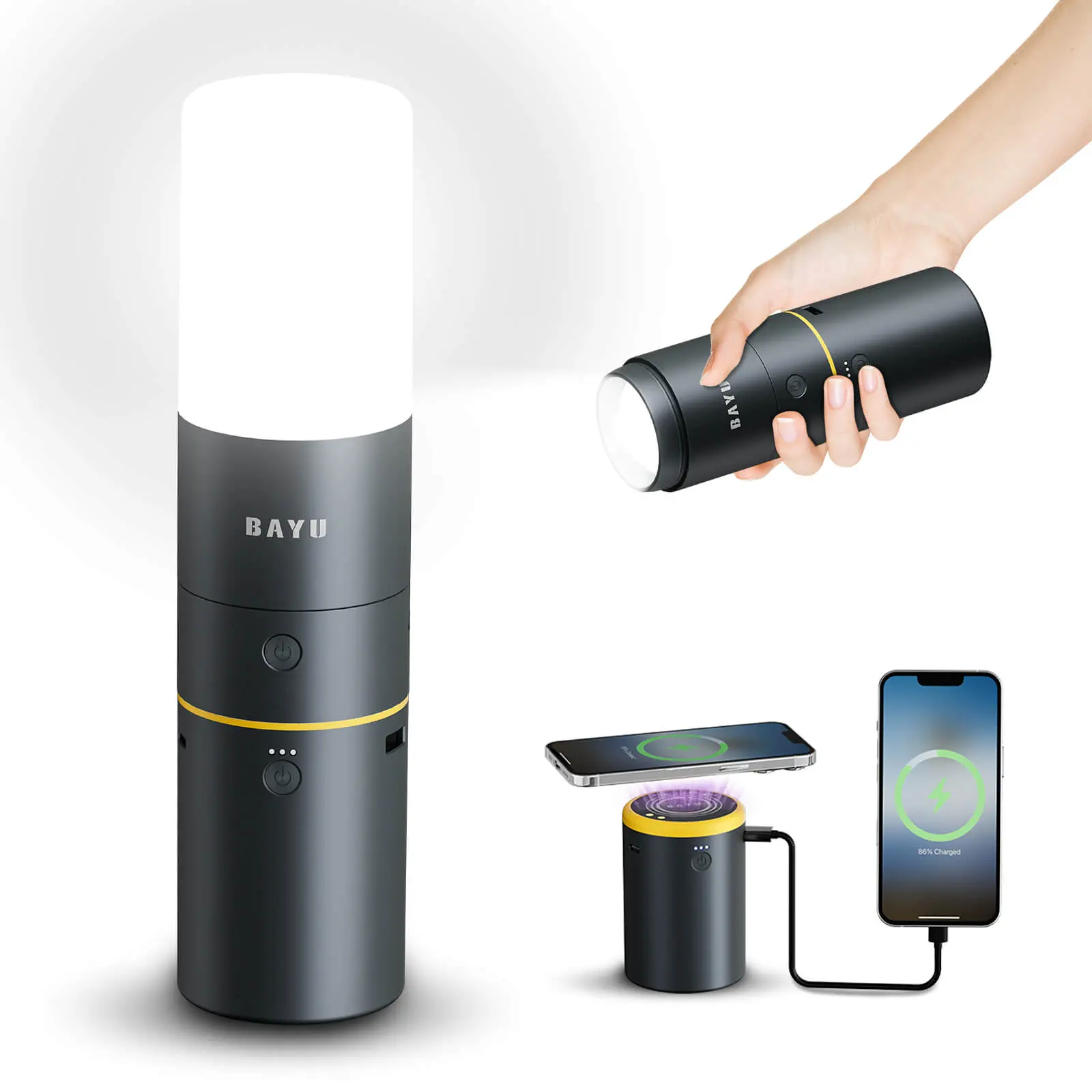 BAYU 3 in 1 Camping Lantern, 15000mAh Rechargeable Camping Lights, 1600LM Ultra-Bright Flashlight, Handheld Spotlight, Tent Lights for Camping, Hiking, Emergency