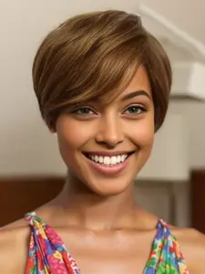 Machine Made Highlight Color Pixie Cut Wig, 150% Density Short Straight Human Hair Wigs for Women, Daily Party Cosplay Use