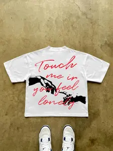1Pcs Mens White Boxy Cropped Fitted T-Shirt | Touch Me If You Feel Lonely Red Slogan Tee | Minimalist Y2K Casual Streetwear Top for Men & Women