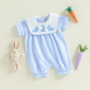 Imcute Infant Baby Boy Girl Easter Romper Short Sleeve Bunny Embroidery Sailor Collar Jumpsuit Newborn Playsuit Spring Summer 0-18 Months