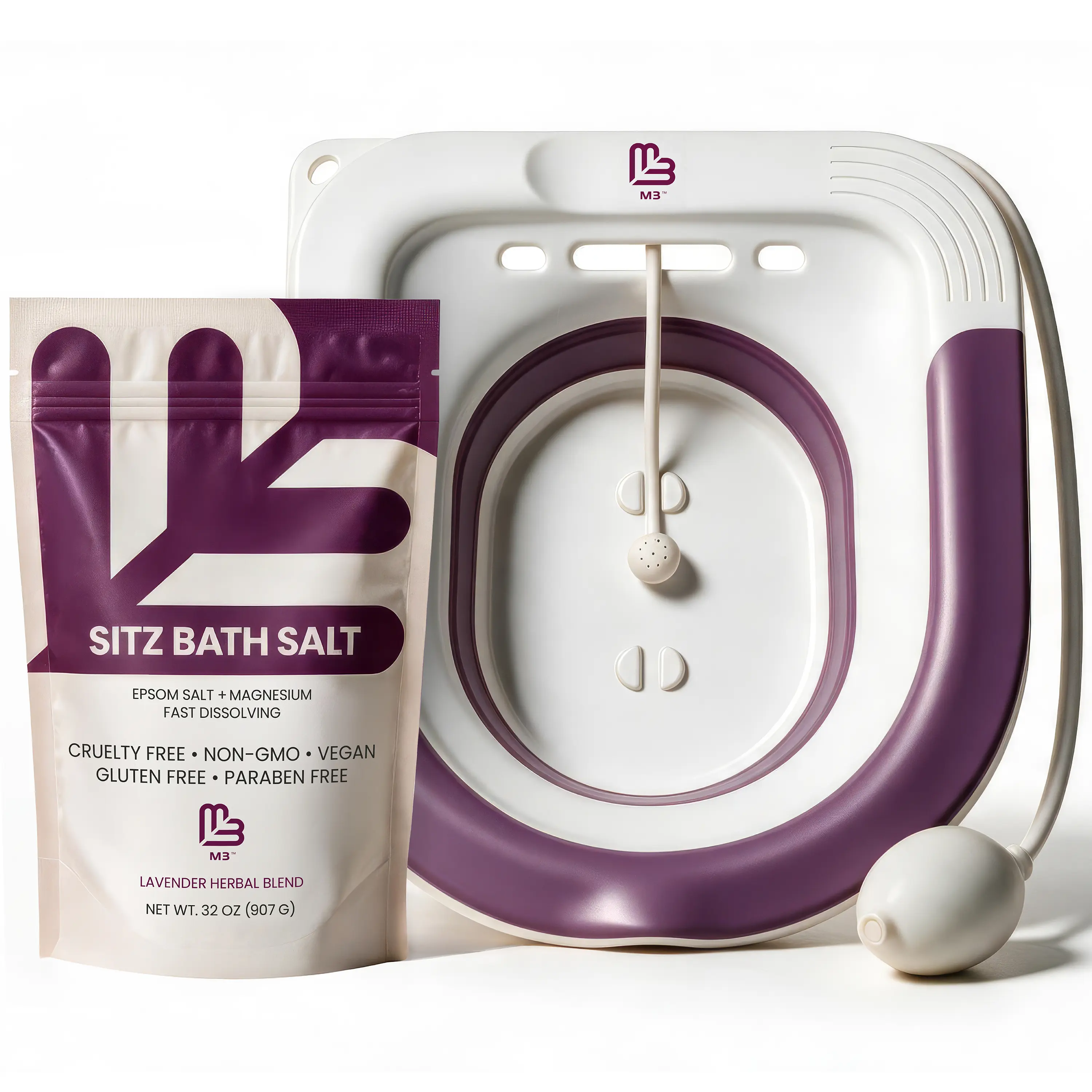 M3 Naturals Sitz Bath Set - 16oz Soothing Lavender Epsom Salt, Lightweight Smooth Foldable Universal Toilet Seat, Portable Basin, Pouch Packaging for Postpartum Care, Hemorrhoid Relief Soak Therapy