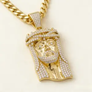 Gold Plated Jesus Face Pendant Necklace Full Diamond Cuban Link Chain