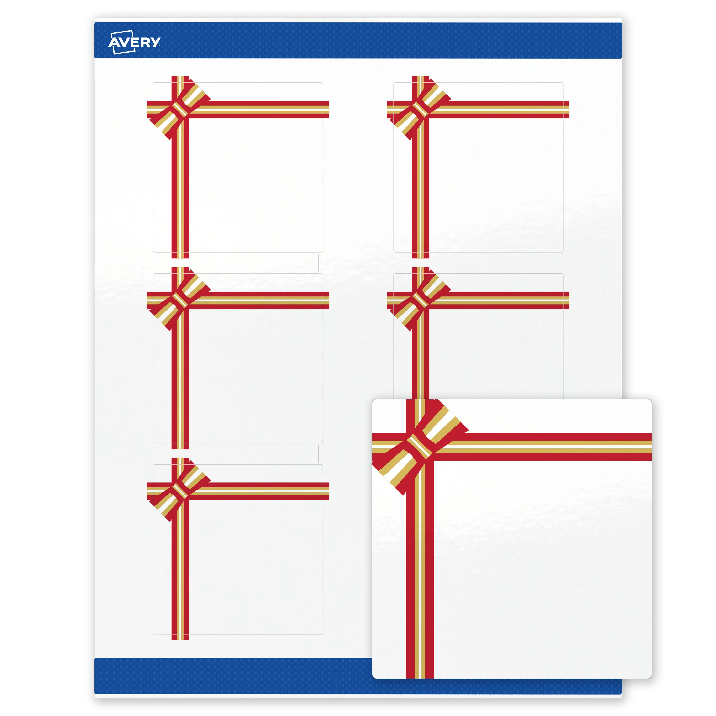 Avery® Printable Christmas Labels with Sure Feed® Technology, Square, 3" x 3", Pre-Printed Red & Metallic Gold Gift Bow Design, Glossy White, Laser & Inkjet Compatible, 60 Total