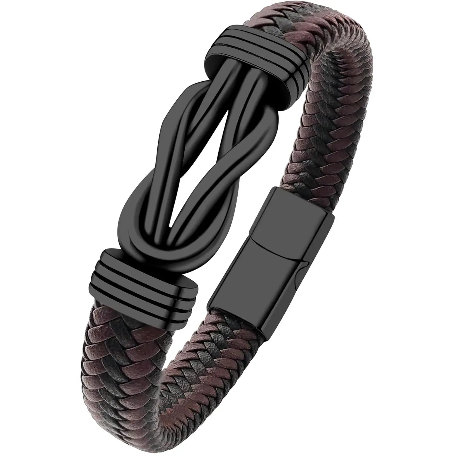 Mens Black Braided Leather Bracelet, Green/Red/Brown/Black Braided Leather Infinity Knot Bracelets for Men with Stainless Steel Clasp, 7.5/8.5/9in Length