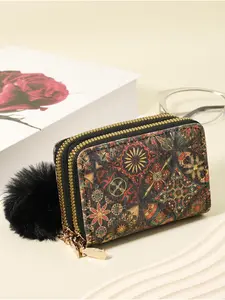 New high-quality credit card storage bag with simple and casual multiple card slots, Casual Card Holder, Credit Card Organizer, With a Pom-pom Charm, Fashionable double-layer zipper around coin wallet, school dormitory and back to school supplies bag