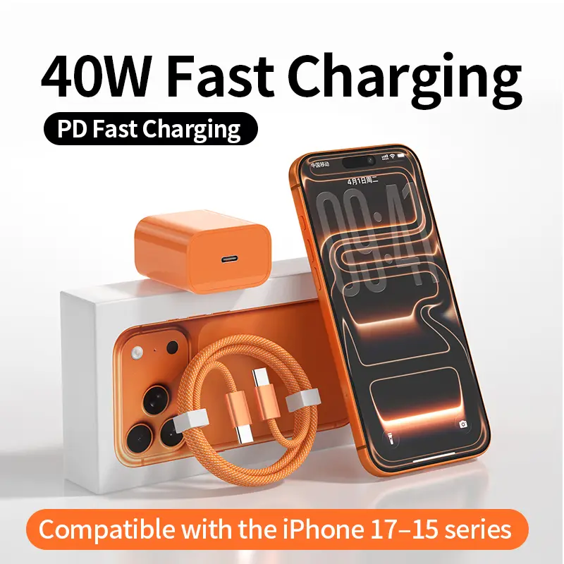 40W USB Type-C PD Fast Charging Wired Adapter Kit, Portable Charger Set for iPhone 17/17 Pro/17 Pro Max, Orange Charger Compatible with Tablets