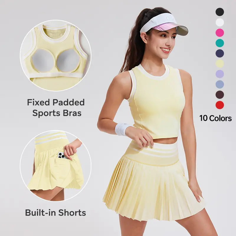 Women's 2-Piece Workout Set - Sleeveless / Long Sleeve Crew Neck Top & Tennis Skirt with Pockets, Casual Athletic Outfit for Gym, Summer Sports, 2 Piece Sets Women, Two Piece Sets