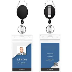 ID Badge Holders with Clip and Keyring - Vertical Clear Plastic 2.52" x 3.58" Sleeves Fit Up to 3 Cards - Retractable 24" UHMWPE Fiber Pull Cords for Easy Access - 2-Pack, Black Reels