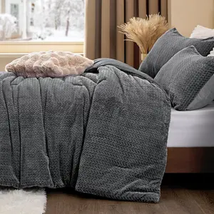 Flannel Fleece Queen Comforter Set - Furry Grey Leaves Pattern Faux Fur Bed Set, Winter Ultra Soft Fuzzy Velvet Bedding Set with 2 Pillow Cases