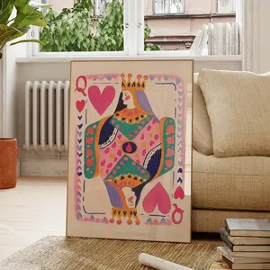 Queen of Hearts Canvas Wall Art Poster – Colorful Maximalist Card Print, 2D Flat Preppy Dopamine Decor for Living Room, Bedroom