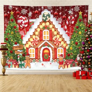 Christmas Gingerbread House Pattern Background Cloth, 1 Count Winter Christmas Tree Background, Photo Booth Decoration Background Prop, Banners, Party Decoration Supplies