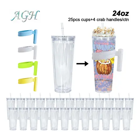 Agh 8/15/25pcs 24oz Acrylic Double Walled Snow Globe Cup Sublimation Plastic Clear Tumbler with Straw Drinkware Wholesale Waterbottletumbler Portable