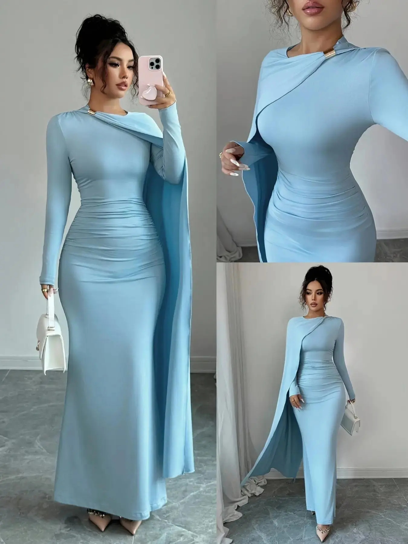 Women's Spring Autumn New Elegant Dressy Style Sky Blue Versatile Wrap Waist Pleated Knit Long Sleeve Maxi Formal Wear, Party Dress