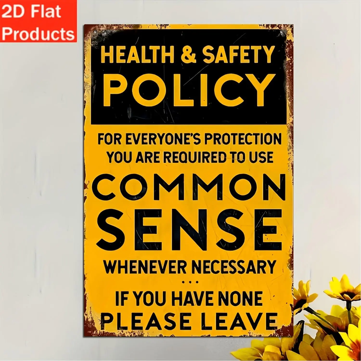 Vintage Health and Safety Policy Sign, 1pc 2D Flat Artificial Wood Plaque, Bold Black and Yellow Text, Rustic Industrial Style, 20cm x 12.7cm / 7.87in x 5in, Easy to Hang Without Tools, for Office, Kitchen, Bar, Fun Workplace Decor