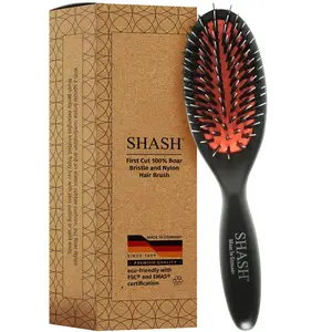 SHASH Since 1869 Hand Made In Germany - Nylon Boar Bristle Brush Suitable For Normal to Thick Hair Gently Detangles, No Pulling or Split Ends - Softens Improves Hair Texture, Stimulates (Extra Small)