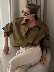 Women's New Coat and Jacket, Spring Autumn Short Windbreaker Jacket, Pleated Long Sleeve Solid Color Outerwear, Button Pilot Jacket