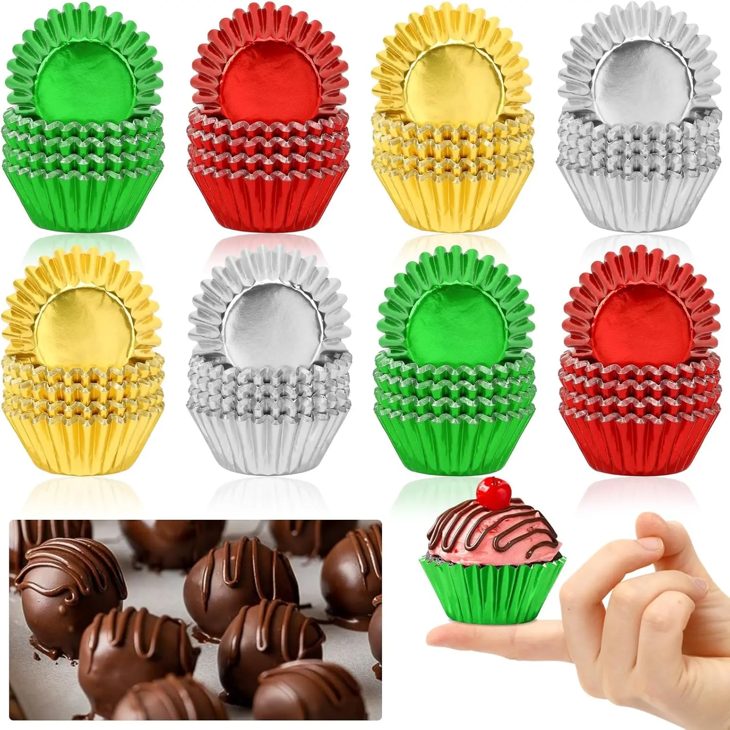 400 Christmas Mini Aluminum Foil Cupcake Liners Gold Red Green Silver Individual Cupcake Baking Cups Metal Mini Muffin Cupcake Wrappers Suitable for Christmas Holiday Party Cake Candy Chocolate Decoration Supplies