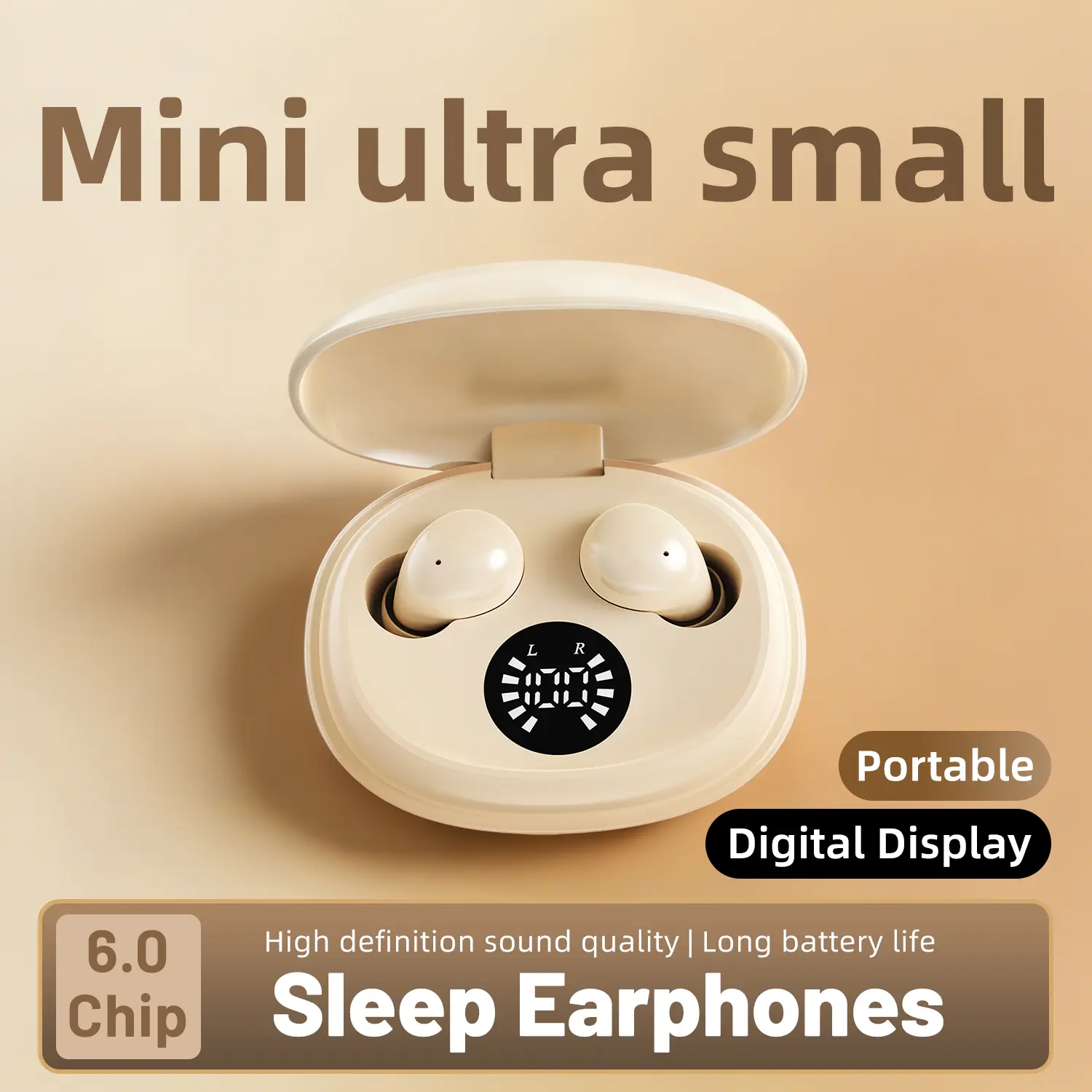 Mini Ultra Small Portable Sleep Earphones with 6.0 Chip High Definition Sound Quality Long Battery Life Digital Display