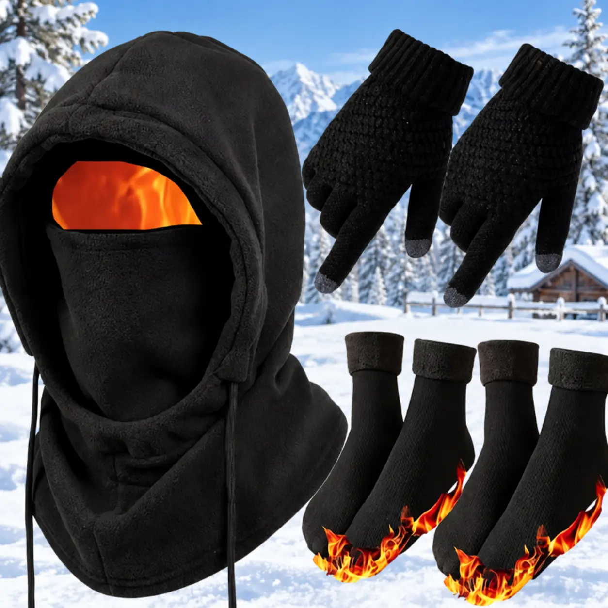 Unisex 4-Piece Winter Thermal Fleece Kit - Knitted Balaclava Hat, Gloves, Socks, Windproof Cold-Proof Face Mask for Cycling, Thick-Lined Sports & Outdoor Accessory