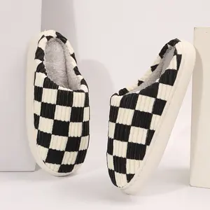 Women’s Checkered Corduroy Slippers,House Slippers for Women Men, Plush Fleece Lining & Memory Foam, Cozy Indoor Slip-On House Shoes with Non-Slip TPR Sole