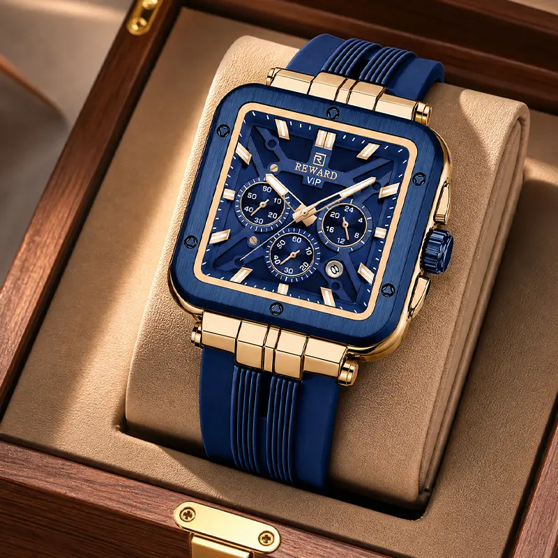 New high-end men’s mechanical quartz business watch with a thick blue silicone strap—fashionable and versatile, 30 m water resistance, luminous function—ideal birthday gift for boyfriend or husband — Model 831509M