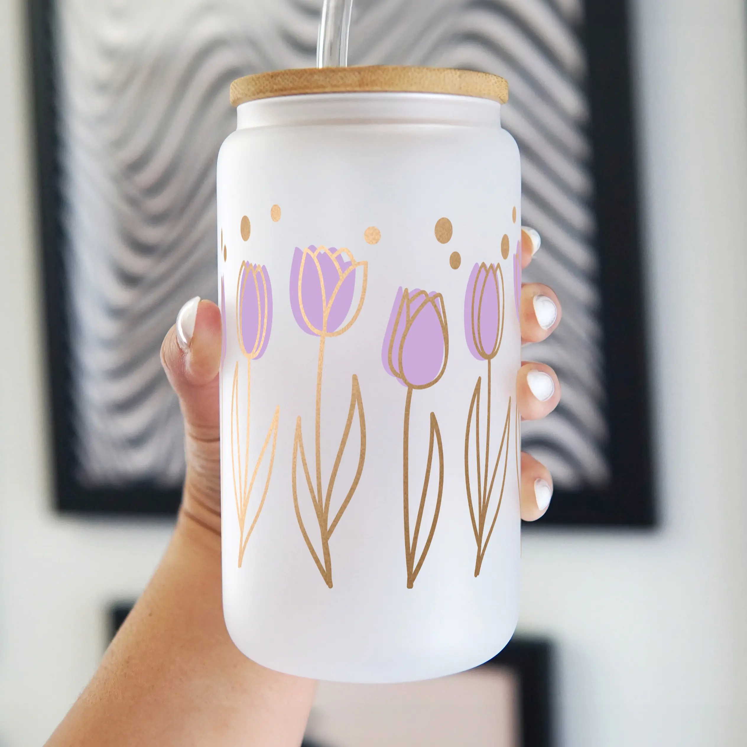 Purple Tulip 40oz Glass Tumbler with Lid and Straw, Iced Coffee Drinkware, Gift for Her, Acrylic Tumbler, water bottle for women, iced coffee cup