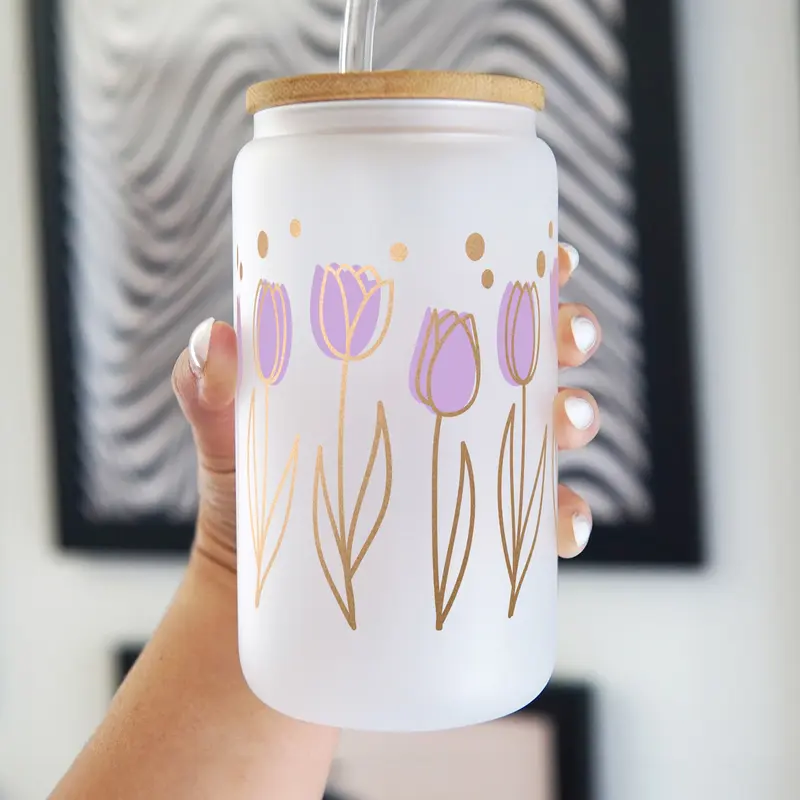 Purple Tulip 40oz Glass Tumbler with Handle, Bamboo Lid & Straw, Floral Art