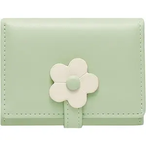Small Cute Wallet Slim Wallet ID/Photo Window Card Holder with 3D Flower  Buckle for Women Girls (GREEN)