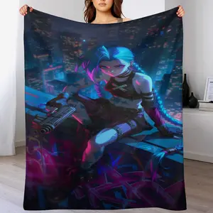 *Arcane* Jinx-Themed Throw Blanket: Neon City Edition. This soft, cozy fleece throw blanket features a vibrant anime-style aesthetic, meticulously crafted for *Arcane* fans and gamers looking to add a decorative touch to their rooms.