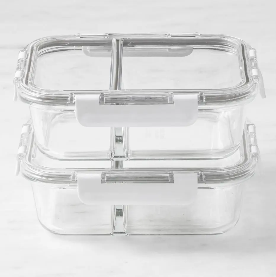 Hold Everything 4-Piece Divided Glass Food Storage Containers | Rectangular Meal Prep & Kitchen Storage Set
