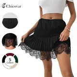 Chicovar Women's Lace Mini Skirts Casual Stretchy Waist Solid Color Loose Fit Pleated Skirts Summer A-line Skirts Perfect for Fall Layering, Holidays, Vintage look, NO Shorts Bottom, Summervibes