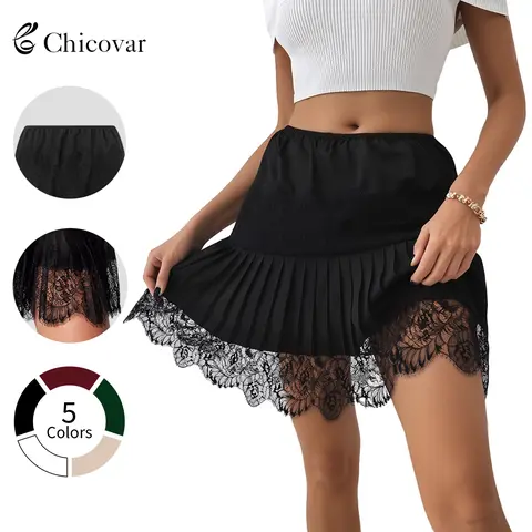 Chicovar Women's Lace Mini Skirts Casual Stretchy Waist Solid Color Loose Fit Pleated Skirts Summer A-line Skirts Perfect for Fall Layering, Holidays, Vintage look, NO Shorts Bottom, Summervibes