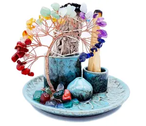 5 in 1 Incense Burner Holder with Crystal Healing Tree, Palo Santo Holder, Sage Holder, Incense Holder for Sticks/Cones/Candles, Ceramic Tray Ash Catcher for Burning Incense, Meditation Gift