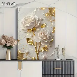 Elegant Rose Canvas Art Print, Pearl Beads & Leaves, Realistic Relief Effect, Home Wall Decor, Bedroom, Living Room, Office