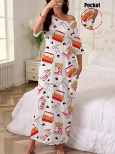 Women's Casual French Fry Chicken Drink Bowknot Printed Nightdress Robe with Pockets, Loose Fit Short Sleeve Long Dress, All-Season Loungewear, Stylish Nightwear