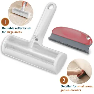 Pet Hair Remover – Reusable Lint Roller & Detailer Set for Dog Cat Fur – Portable Hair Removal Tool for Furniture, Couch, Carpet, Clothes & Bed