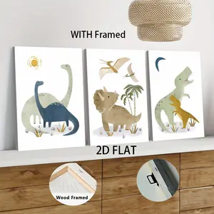 3pcs Framed  Cartoon Dinosaur Themed Design Kids Room Decor Modern Minimalist Canvas Painting with Wooden Frame Boys Bedroom Wall Art Animal Theme Mural Living Room Wall Hanging Nordic Style Home Decoration 2D Fla