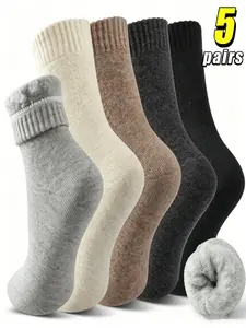 5 Pairs Women's Fleece Crew Socks, Warm Calf-High Slim-Fit Socks for Fall & Winter, Essential Footwear for Cozy Days