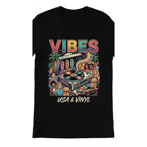 "VIBES USA & Vinyl T-Shirt |   Retro Record Player Graphic Tee |   70s California Palm Tree Muscle Car Golden Retriever Family Music Lover Shirt"