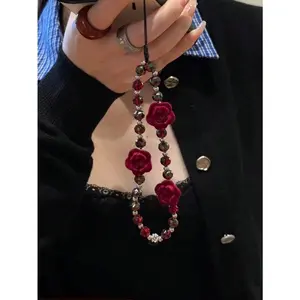 Dark Rose Gothic Beaded Keychain, Fashionable Niche Mobile Phone Chain Bag Pendant Gifts For Mother, Family, Friends, Birthday, Holiday Phone Charm